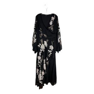 Asos flowy black embroidered bishop long sleeve high low dress Sz 14 floral